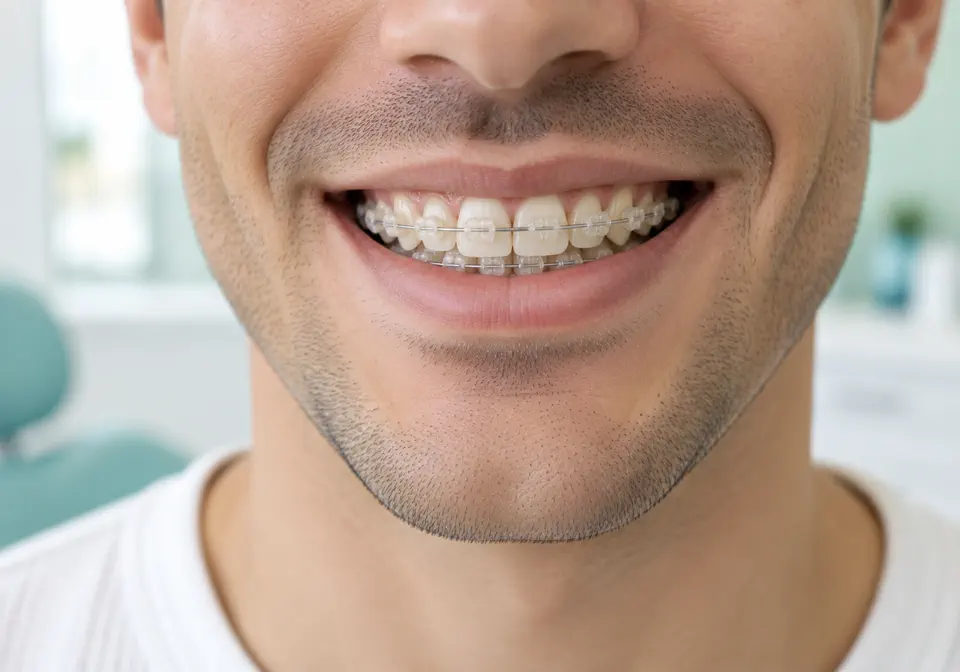 Uśmiech dorosłego mężczyzny z dyskretnym estetycznym aparatem ceramicznym